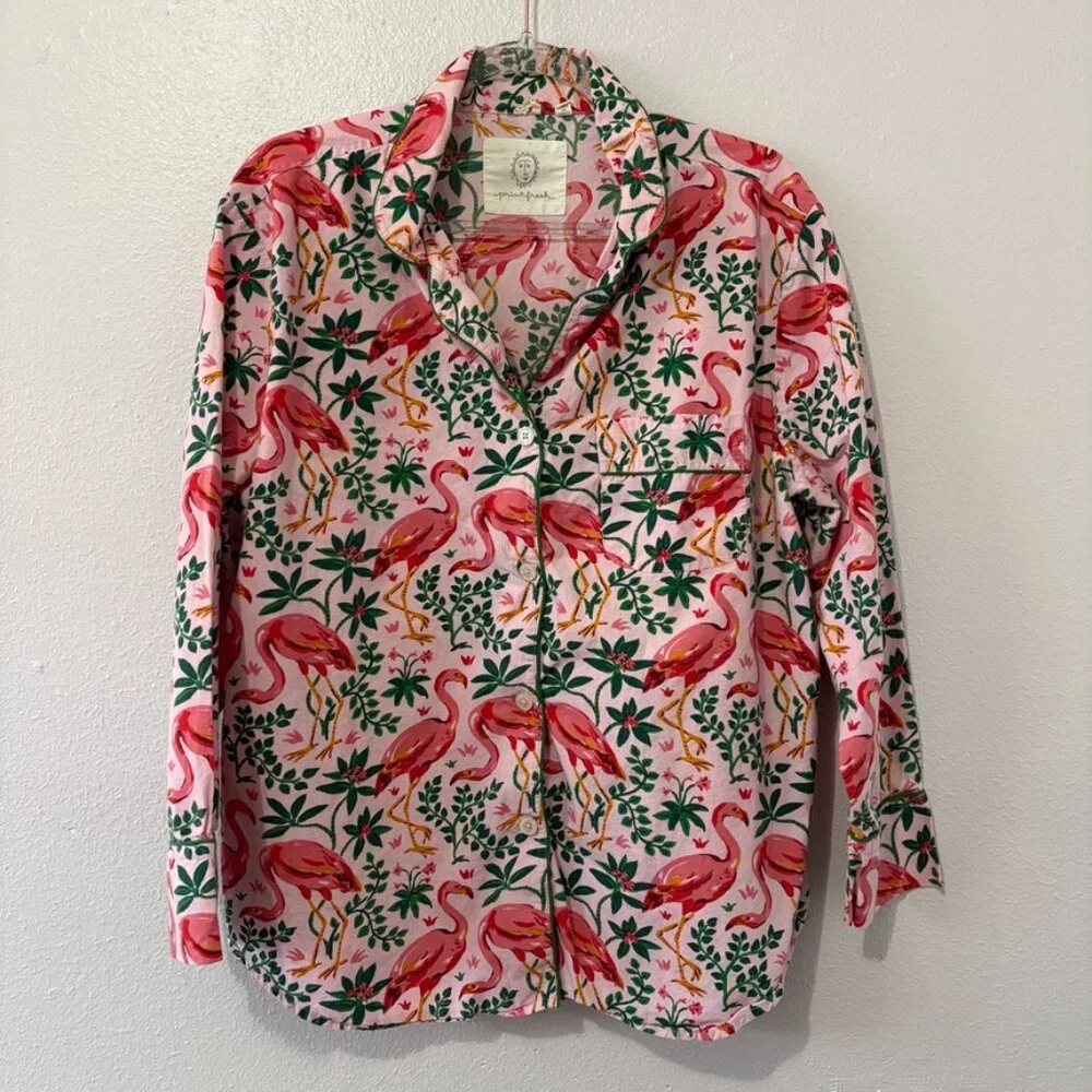 Printfresh Pink Flamingo Botanical Print Long Sleeve Button-Up Pajama Top Size L - Picture 1 of 6